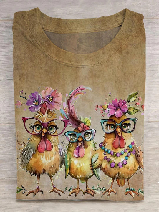Chickens with Glasses Printed Crew Neck Women's T-shirt